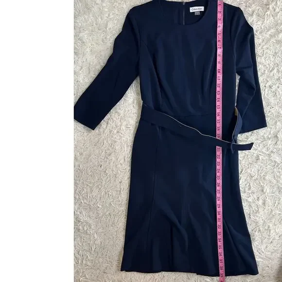 Calvin Klein Women's Sz 6 Navy Scuba Crepe 3/4 Sleeve Flounce Skirt Dress #0548 - Picture 7 of 11